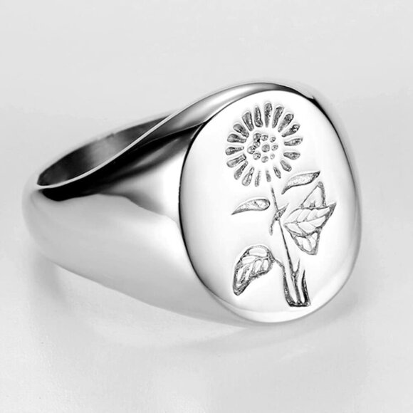 Stainless Steel Sun Flower Pattern Signet Style Wedding Engagement Promise Anniv - Picture 2 of 4